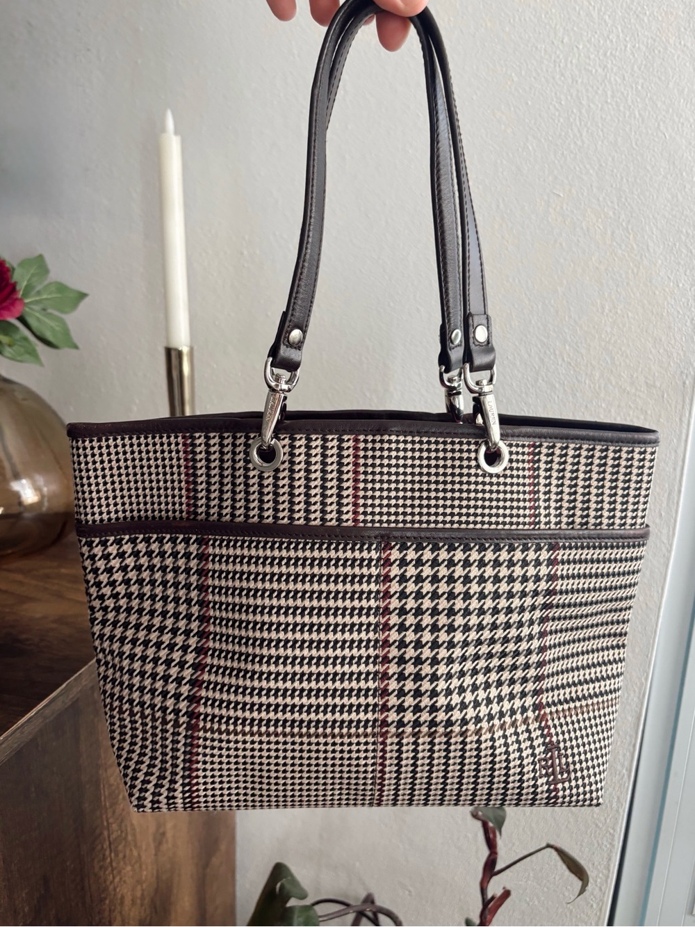 Ralph Lauren Classic Houndstooth Tote Bag in Brown and Cream